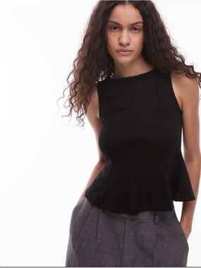 Mango Sleeveless Black Peplum Shell Top 100% Cotton